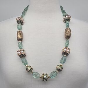 Antique large statement Asian green glass Gold gilded Dragon Beads Rare Estate